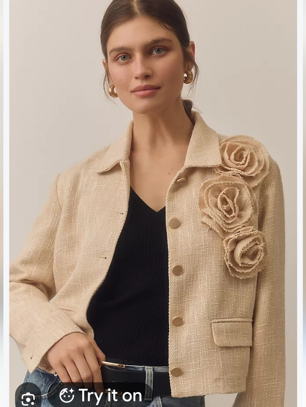Dolan Anthropologie Beige Textured Rosette Appliqué Cropped Blazer Jacket